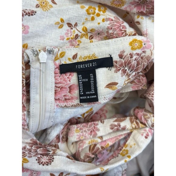 F21 Floral Linen Mini Sundress with Ruffle Trap Sleeves and Bow Tie Back size XL - Picture 7 of 8